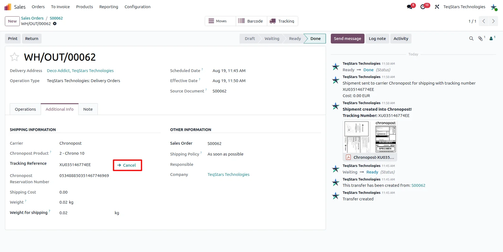 Cancel button next to the Chronopost tracking reference on an Odoo delivery order