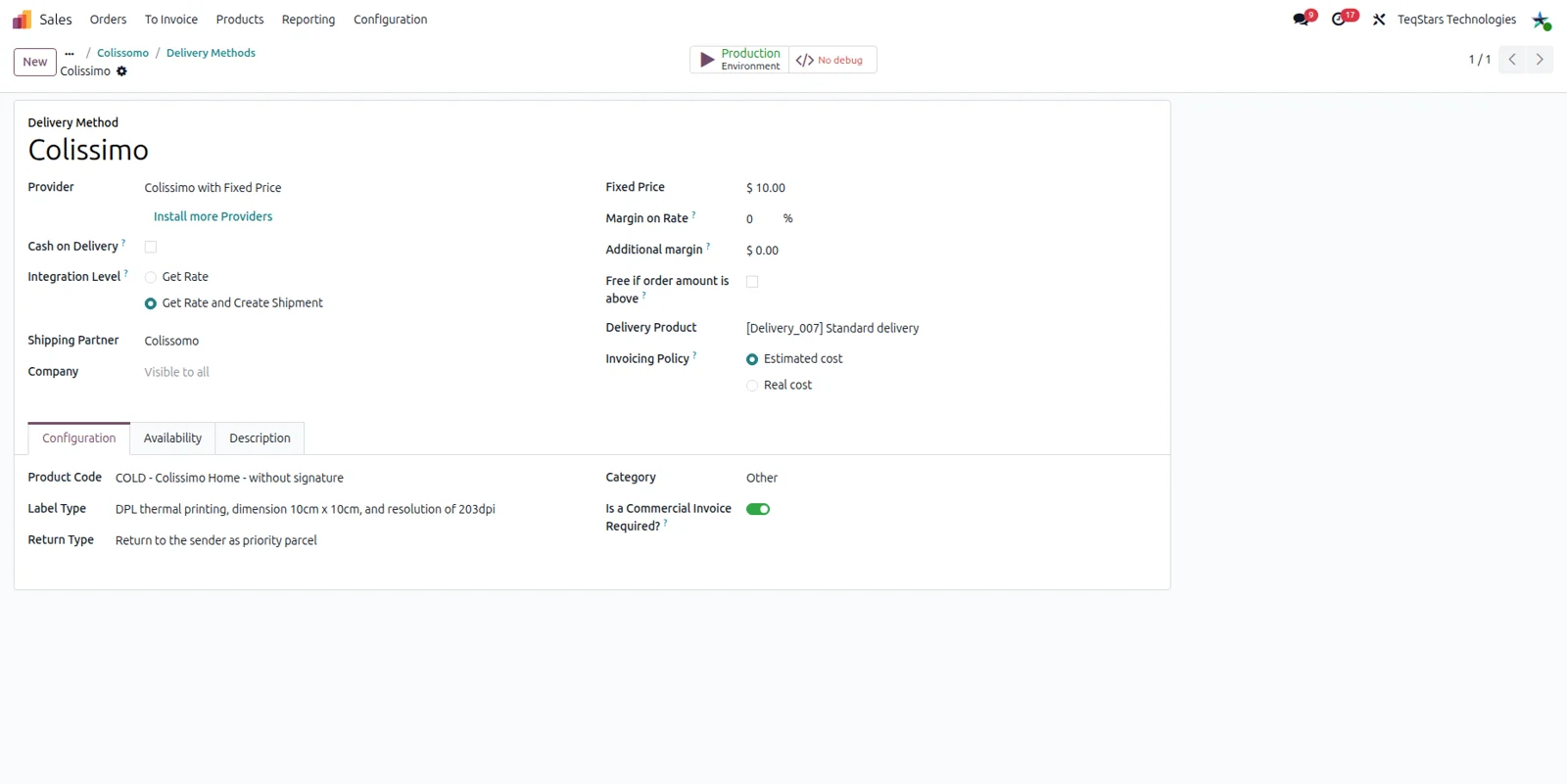 The Colissimo delivery method form in Odoo with the carrier provider selected