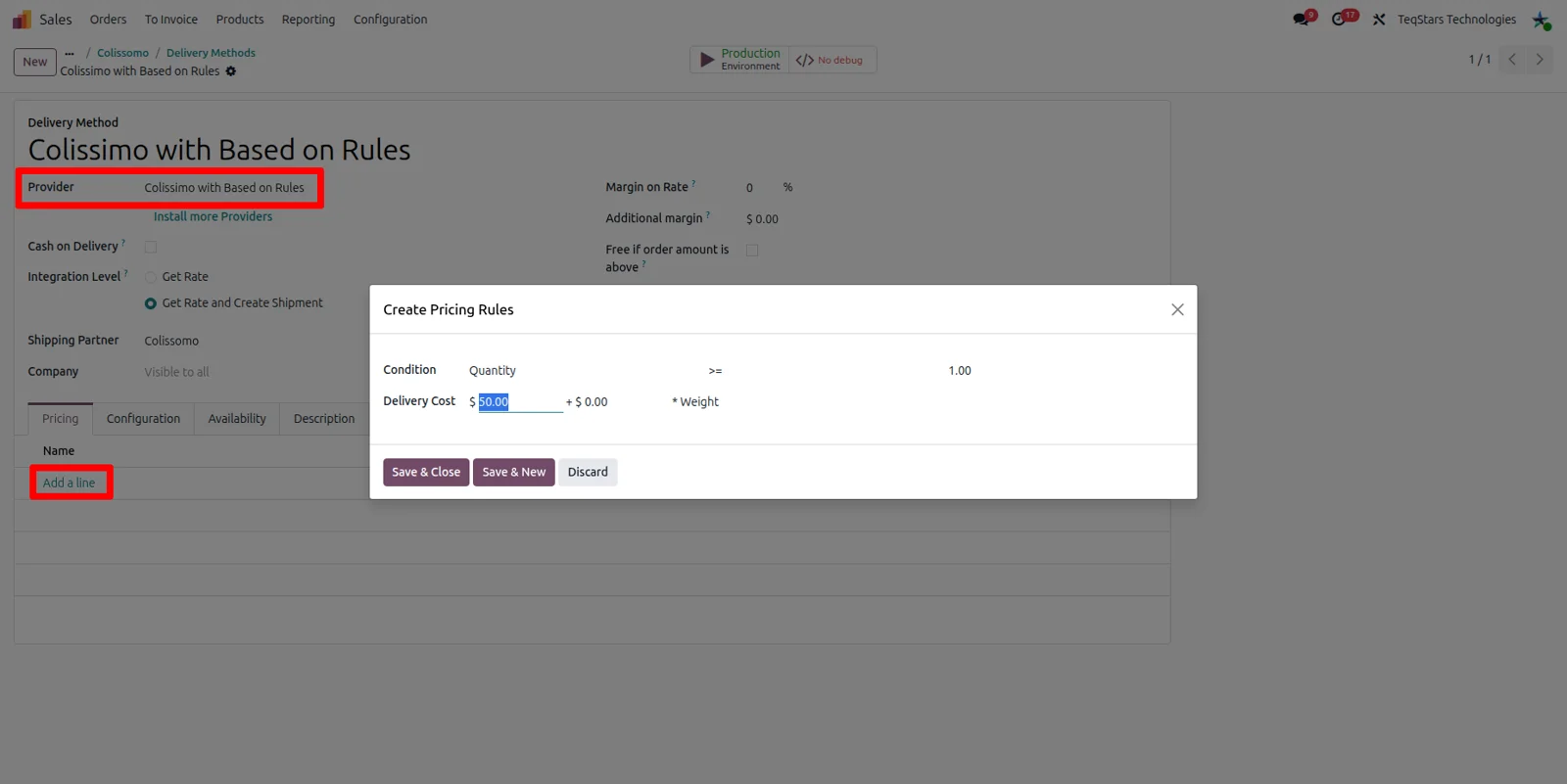 Pricing rule lines on an Odoo Colissimo delivery method set to Based on Rule