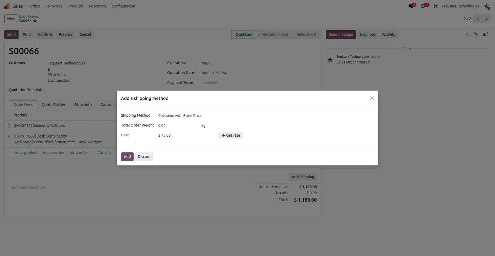 An Odoo sale order showing the rate returned by a fixed price Colissimo delivery method