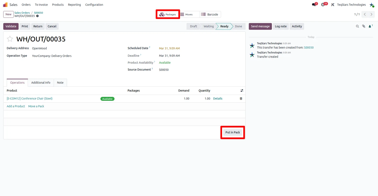 Packages created with Put in Pack on an Odoo delivery order shipped with Colissimo