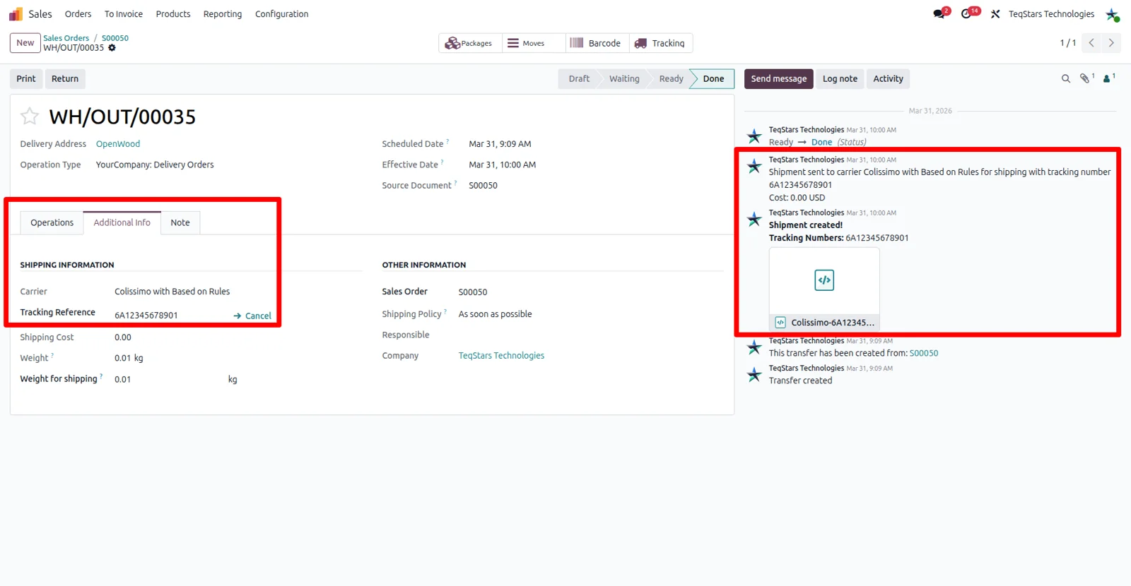 Tracking number and attached Colissimo shipping label on a validated Odoo delivery order