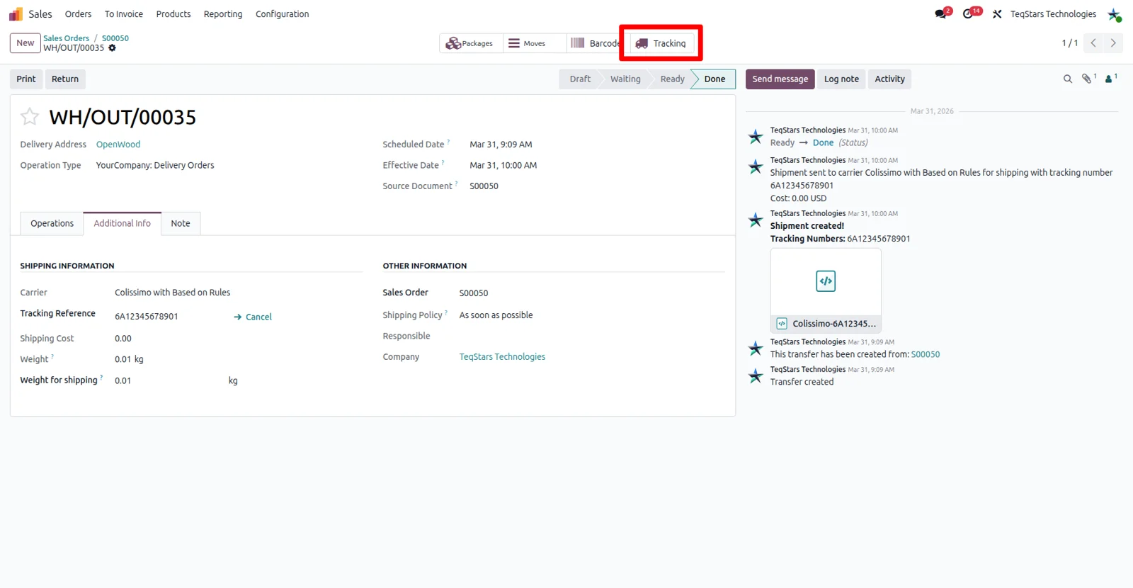 Colissimo shipment tracking status opened from a delivery order in Odoo
