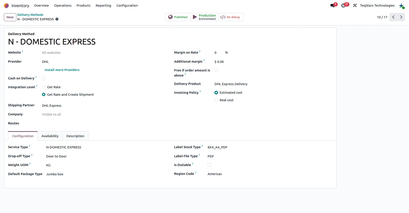 Odoo delivery method form for DHL Express, with account and service settings for domestic and international shipping