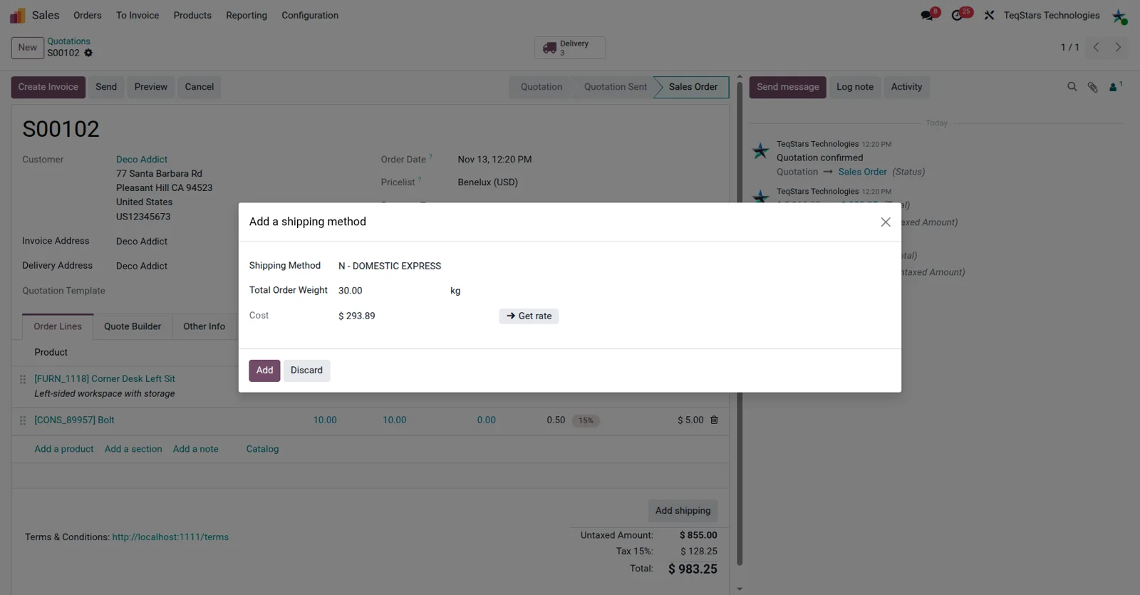 Odoo sales order with a DHL Express delivery method selected on the shipping line