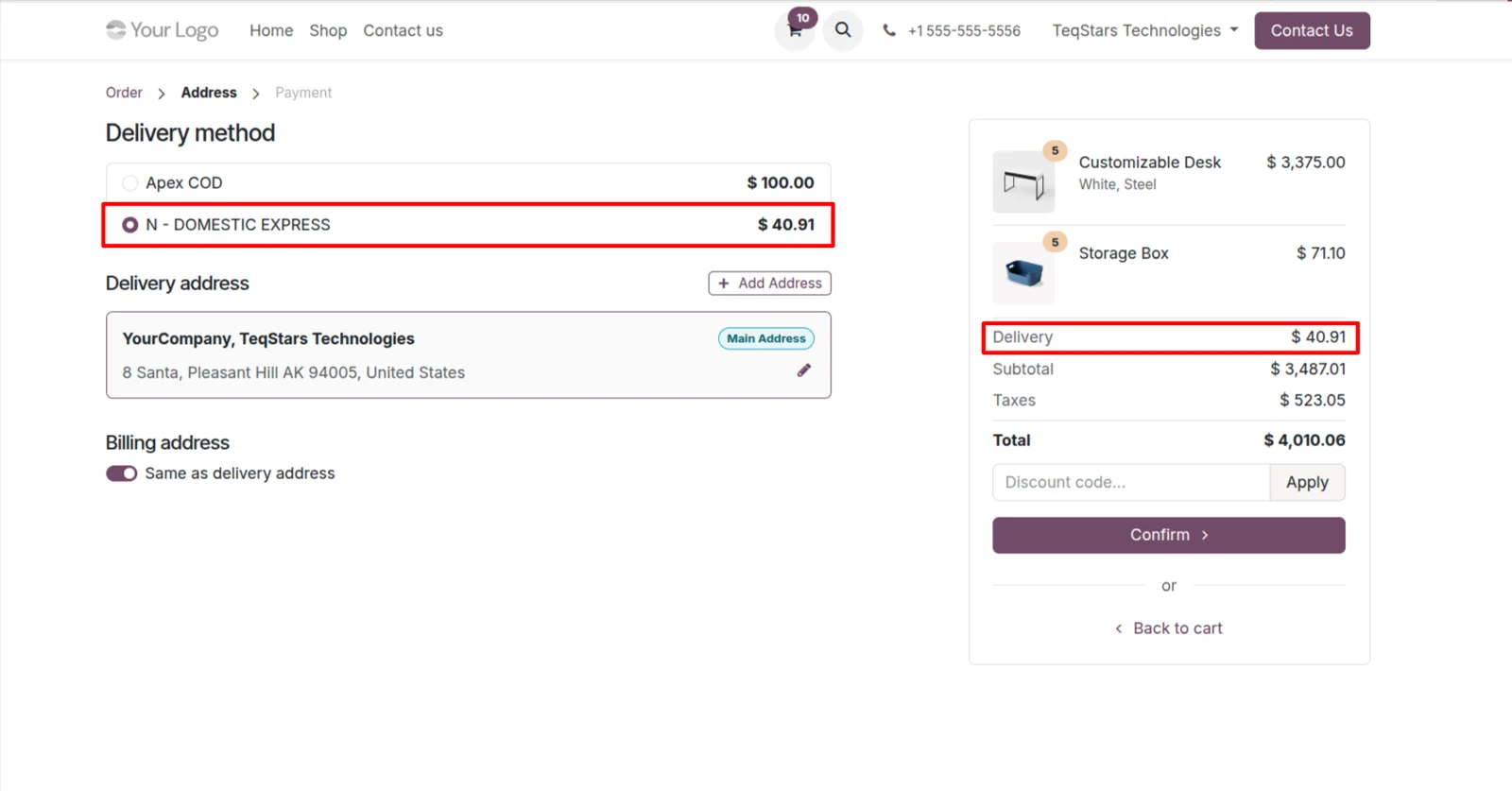 Odoo website checkout showing DHL Express delivery methods a shopper can select