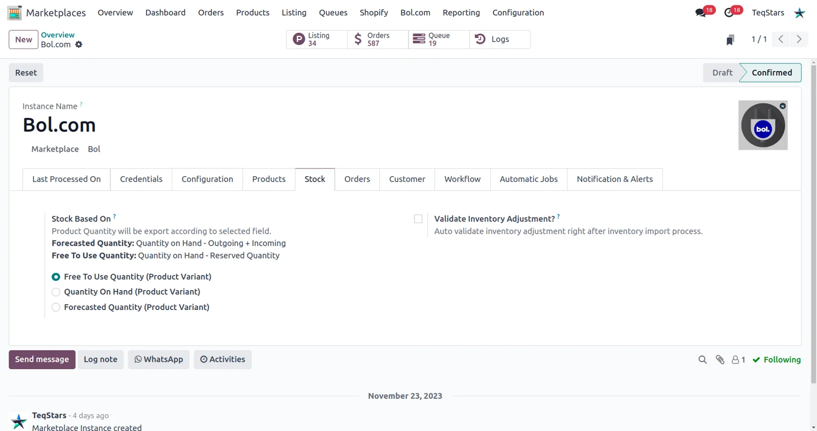 Stock settings for the Bol.com Connector in Odoo, including the quantity type used when exporting.