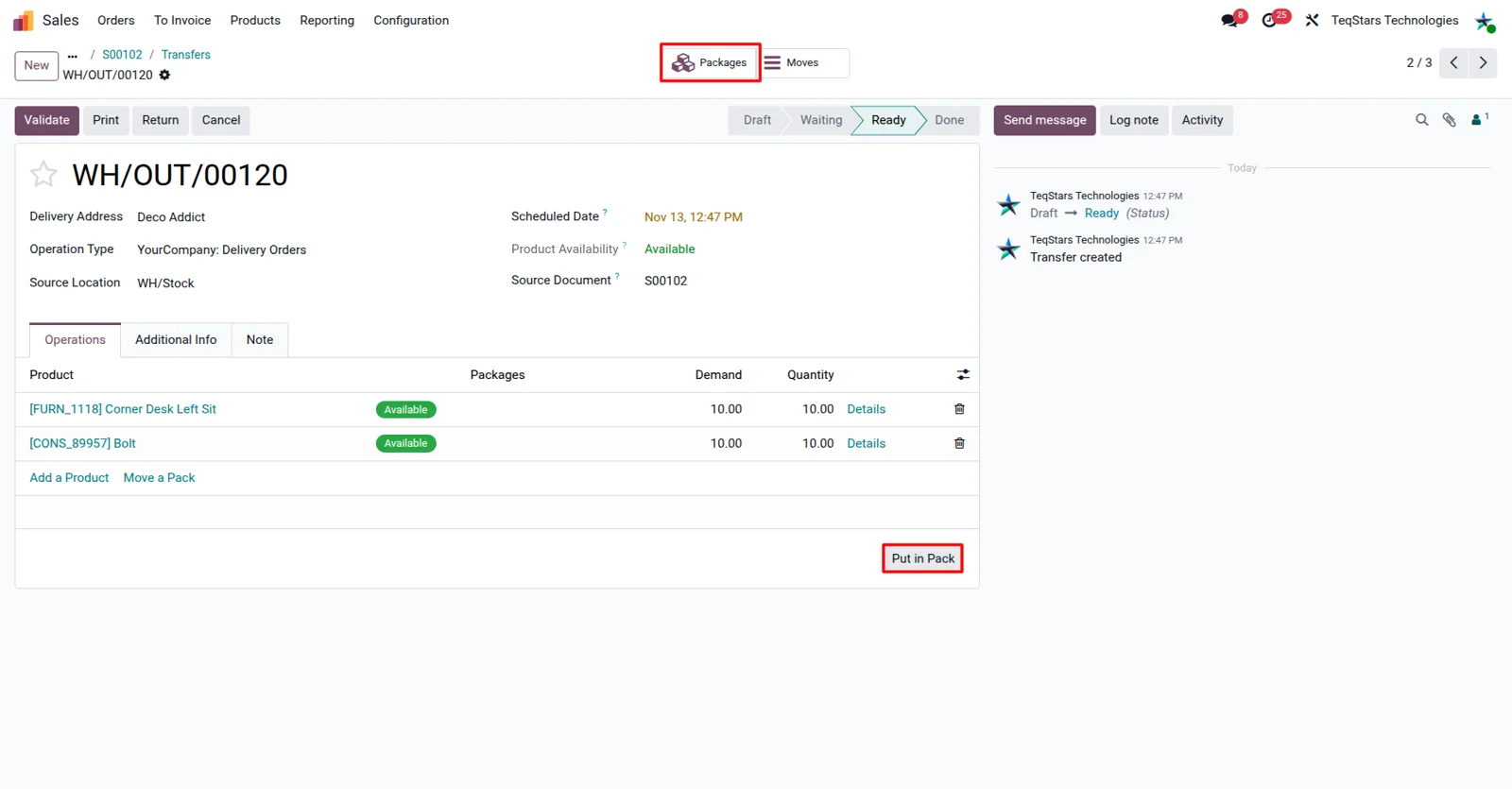 Odoo delivery order packages created with Put in Pack before the DHL Express shipment is submitted