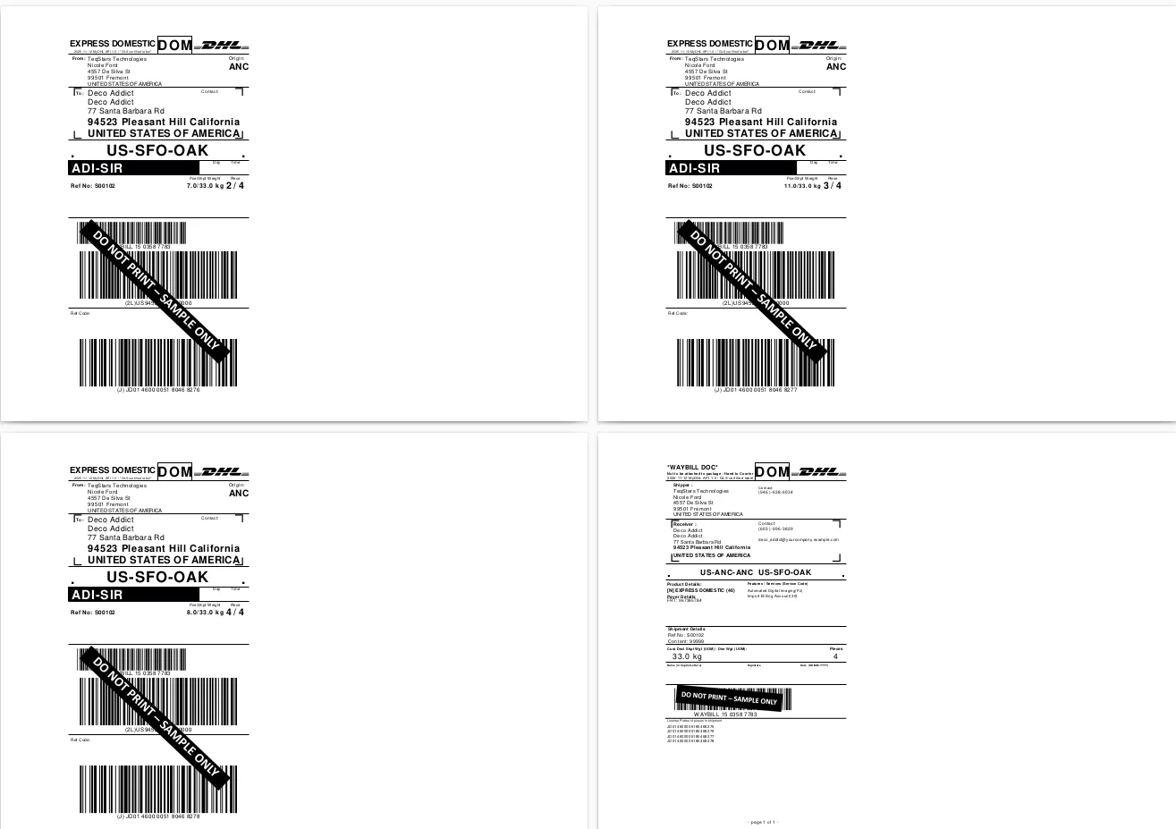 A DHL Express shipping label generated in Odoo after the delivery order was validated