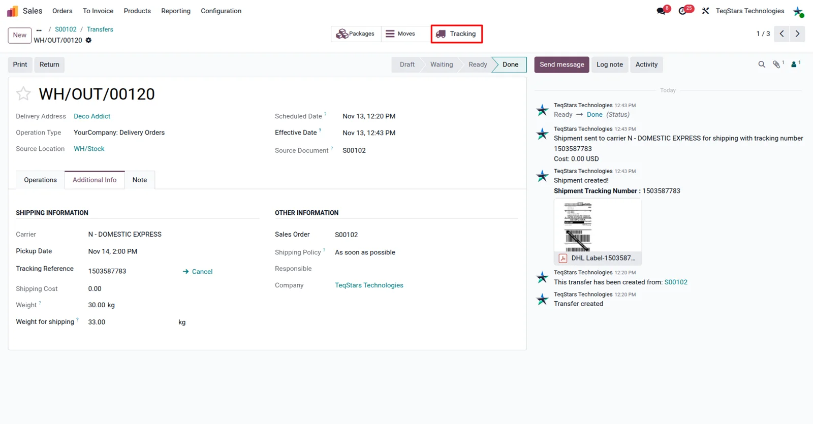 Odoo tracking view for a DHL Express shipment showing current status and location