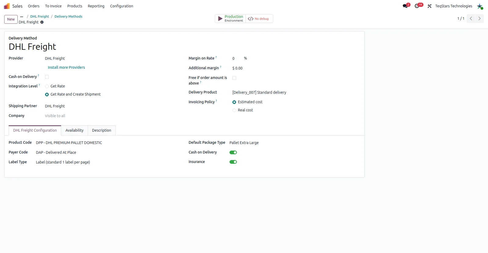 The DHL Freight delivery method configuration screen in Odoo, set up by the DHL Freight Connector