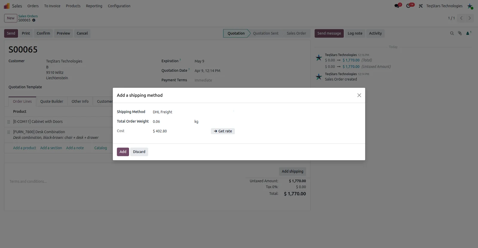 A sale order in Odoo showing a DHL Freight rate after the delivery method is selected