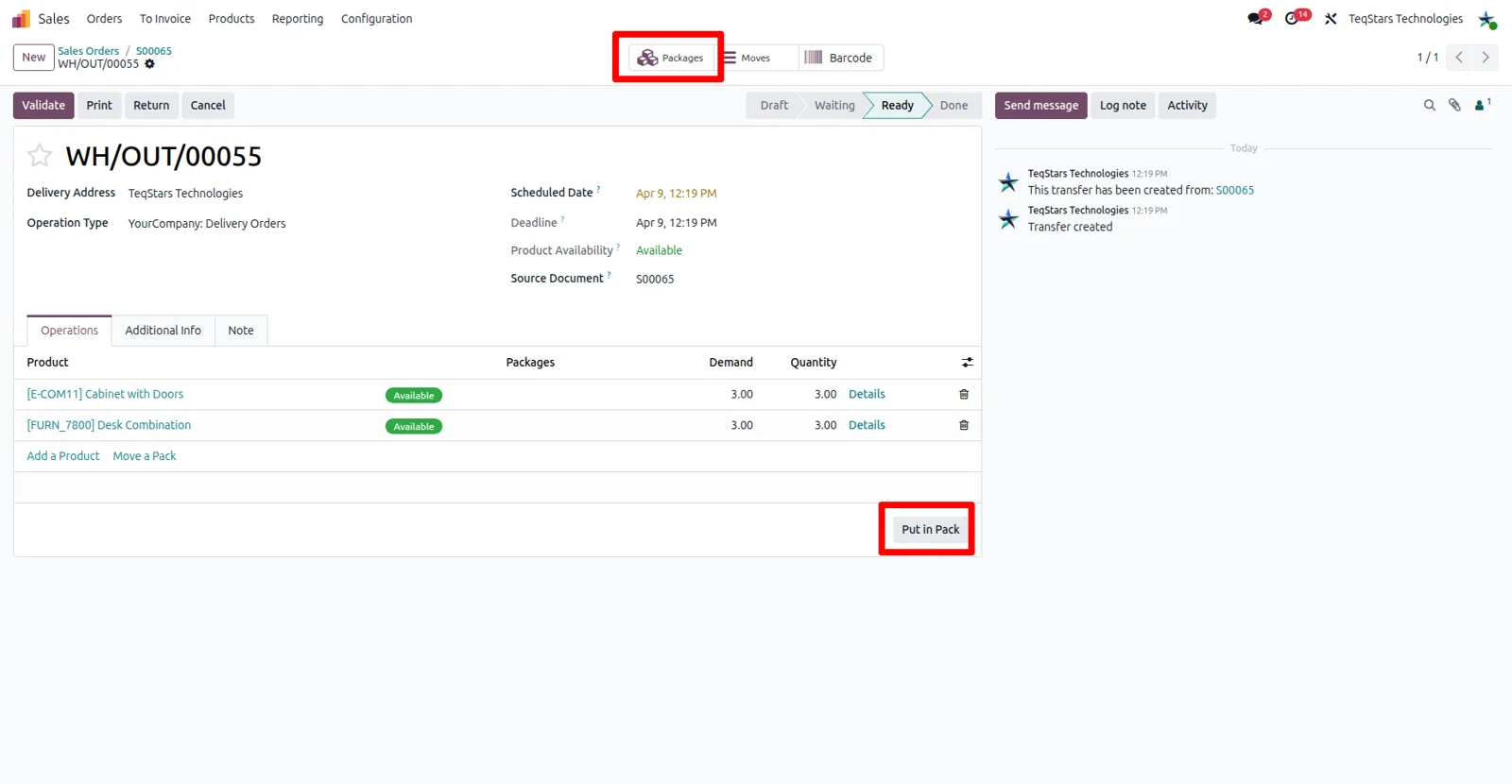 Put in Pack operation in an Odoo delivery order splitting a DHL Freight shipment into multiple packages