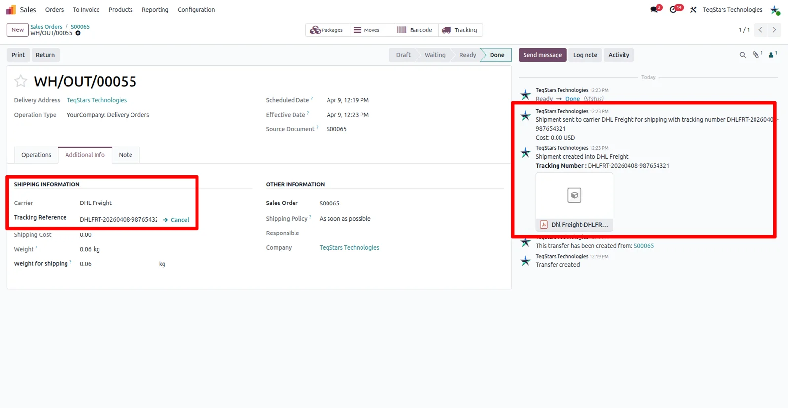 An Odoo delivery order showing the DHL Freight tracking number and the generated shipping label