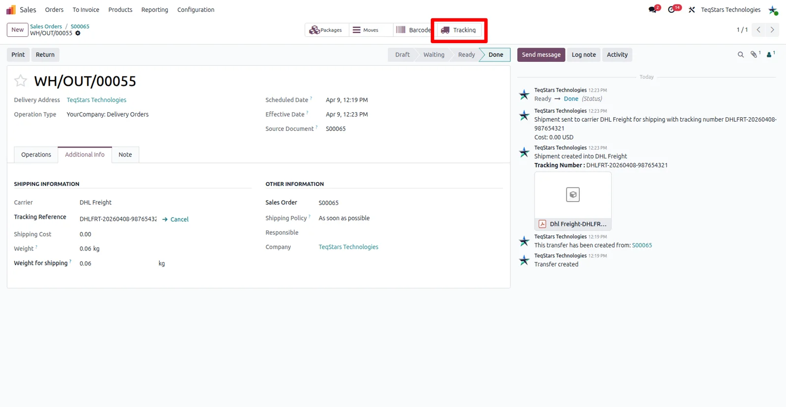 Shipment tracking for a DHL Freight delivery opened from an Odoo delivery order