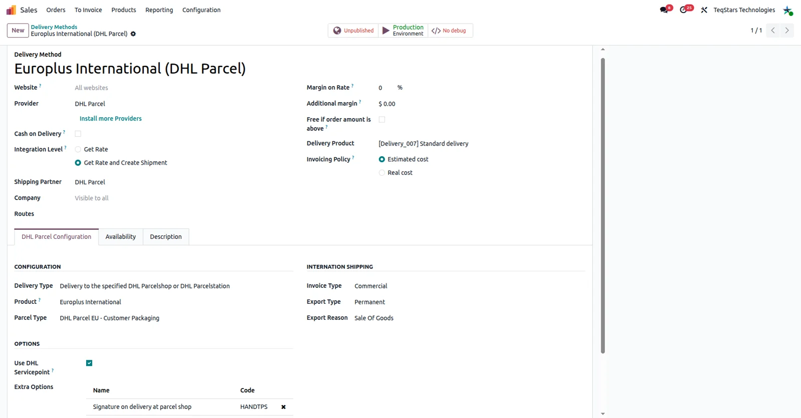 Odoo delivery method form configured for DHL Parcel shipping in Belgium, Luxembourg and the Netherlands