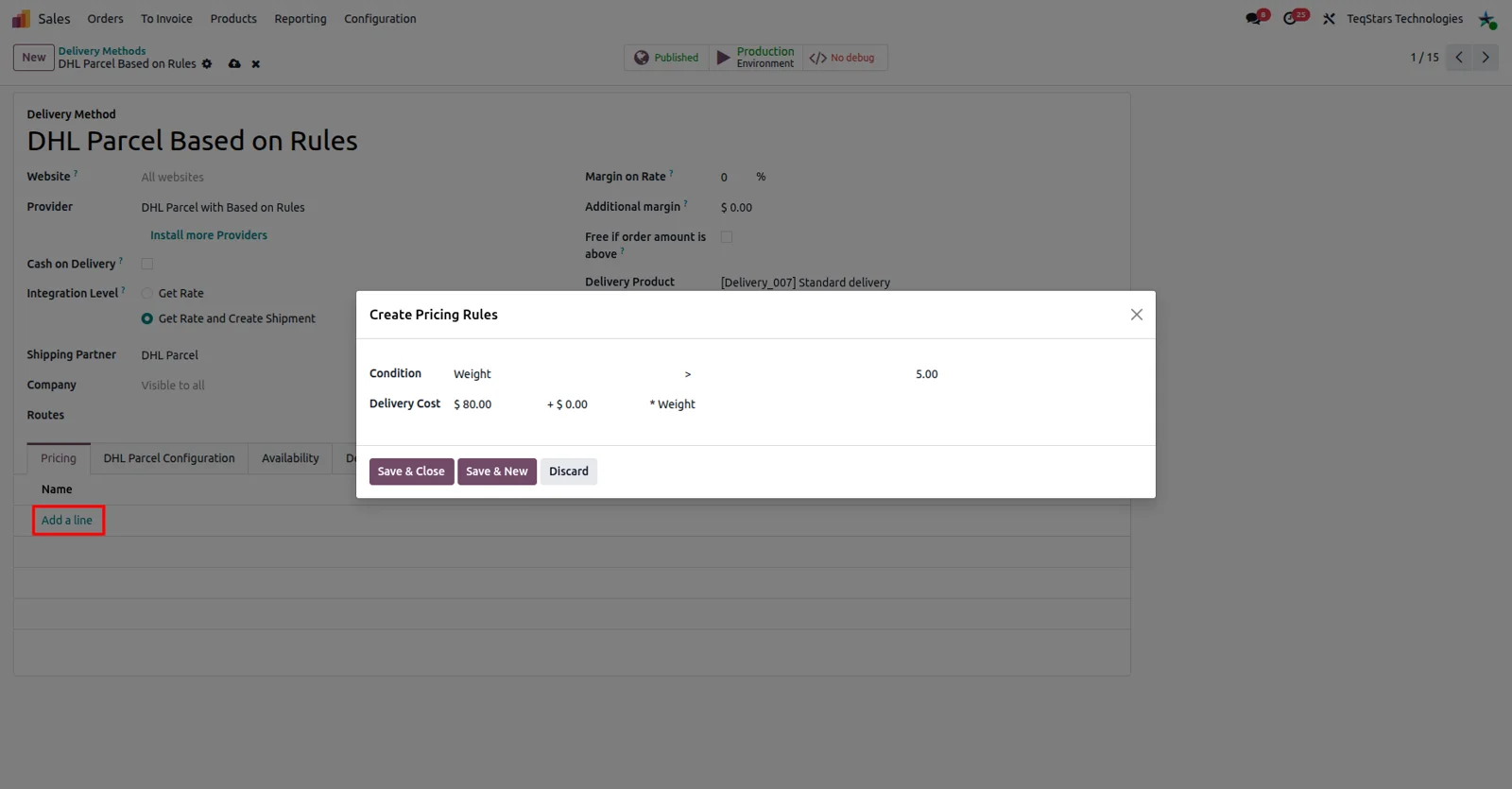 Pricing rule being configured on a DHL Parcel delivery method in Odoo with the Based on Rule option