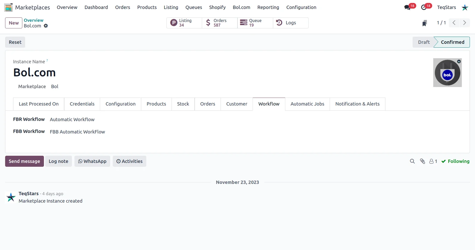 Workflow settings in the Odoo Bol.com Connector for confirming orders, invoicing and registering payment.