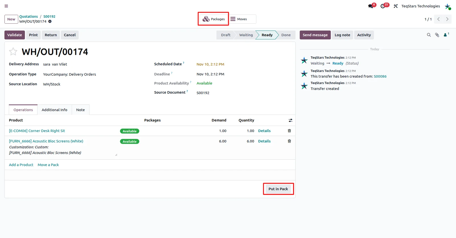 Put in Pack operation on an Odoo delivery order creating multiple packages for a DHL Parcel shipment