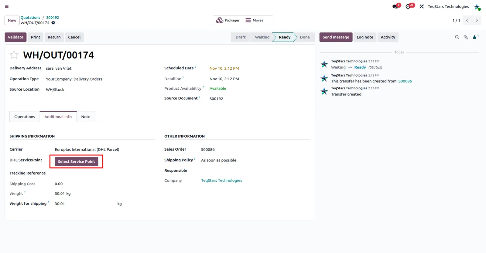 Choosing a DHL ServicePoint on an Odoo delivery order when the ServicePoint option is enabled