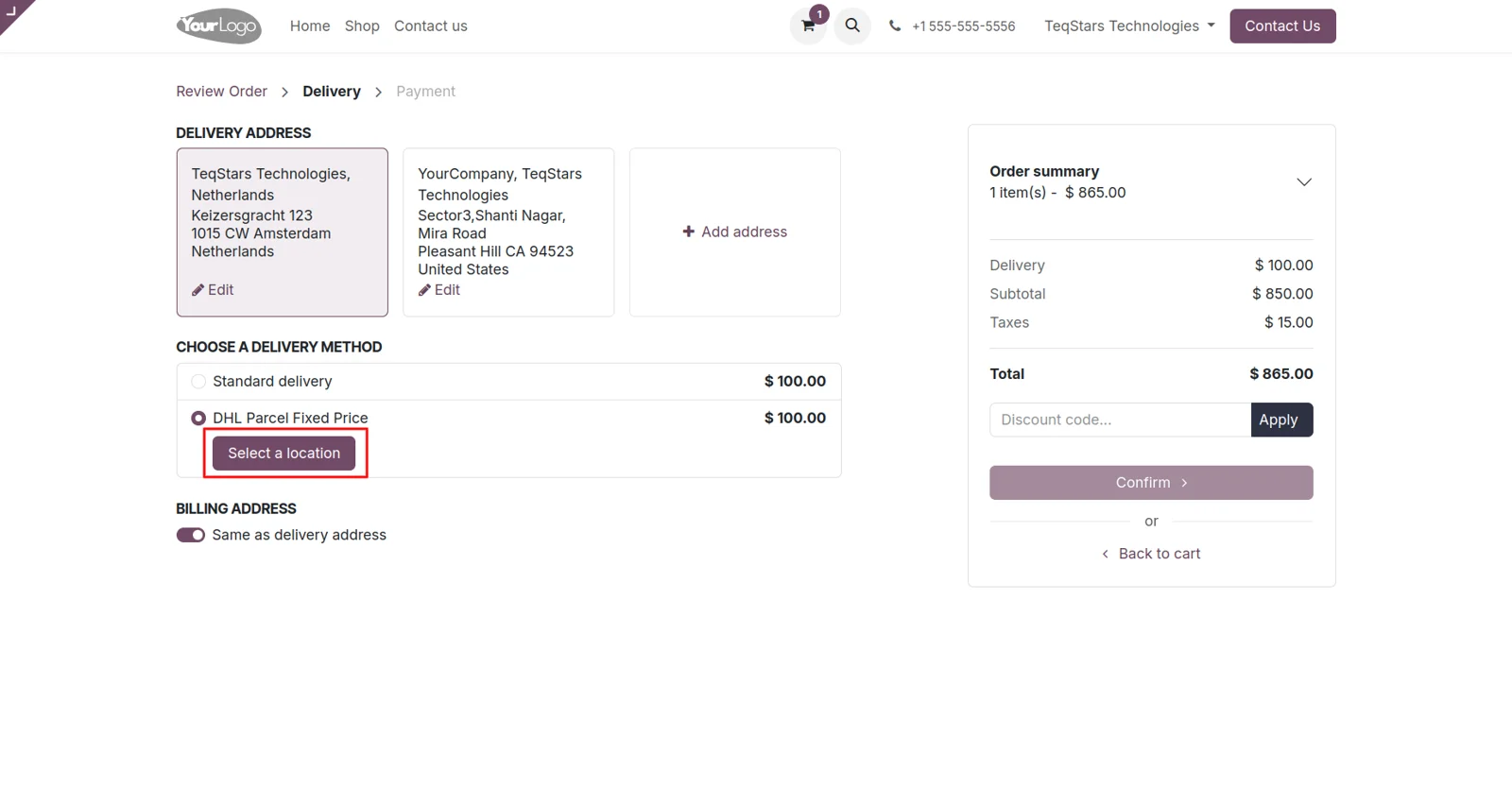 Select a Location button on an Odoo eCommerce order for choosing a DHL ServicePoint pick-up point