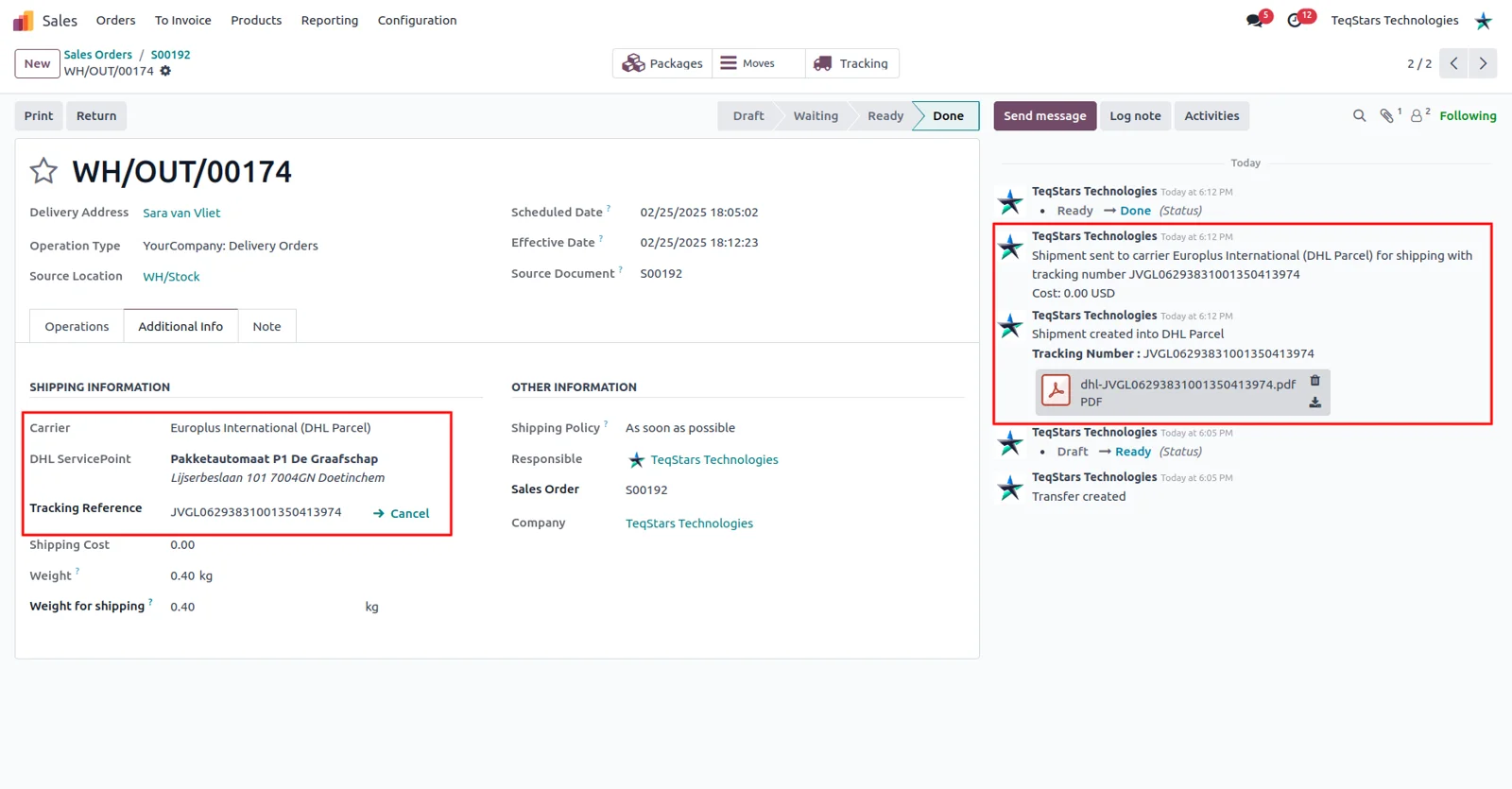 DHL Parcel shipping label and tracking number shown on a validated delivery order in Odoo