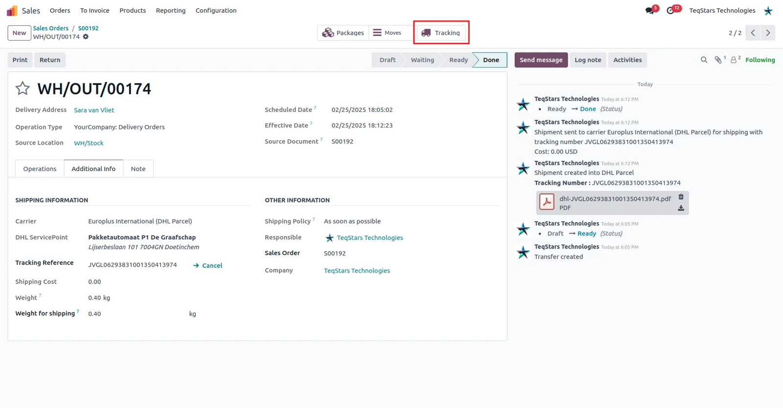 Tracking a DHL Parcel shipment from an Odoo delivery order to see its current status and location