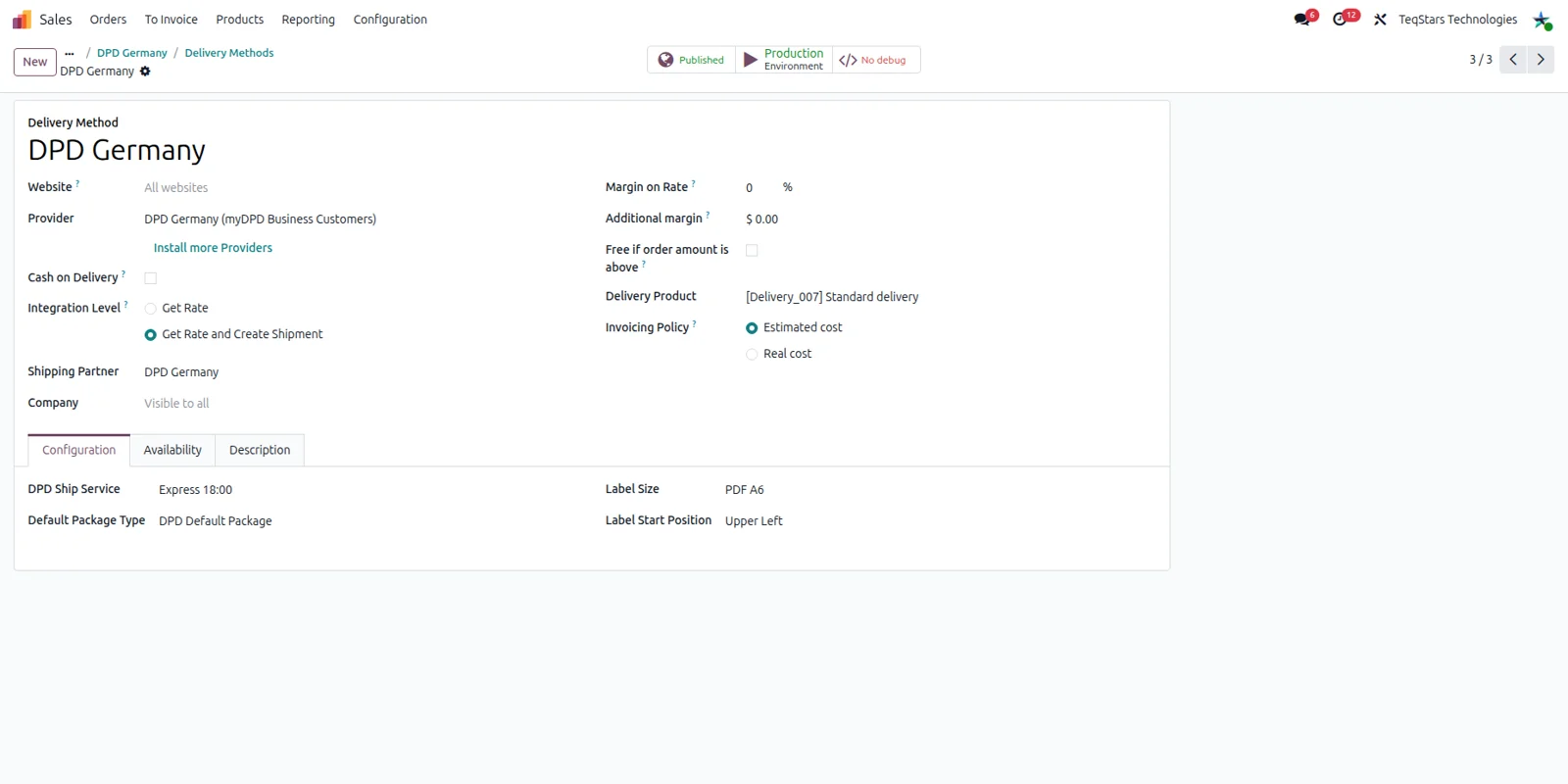 Odoo delivery method form set up for the DPD Germany myDPD Business Customers connector