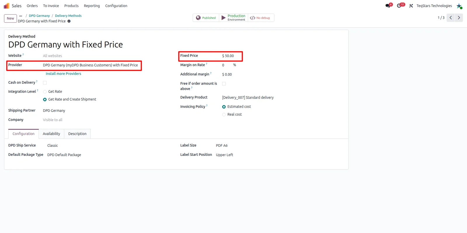 Fixed price shipping cost configured on the DPD Germany delivery method in Odoo