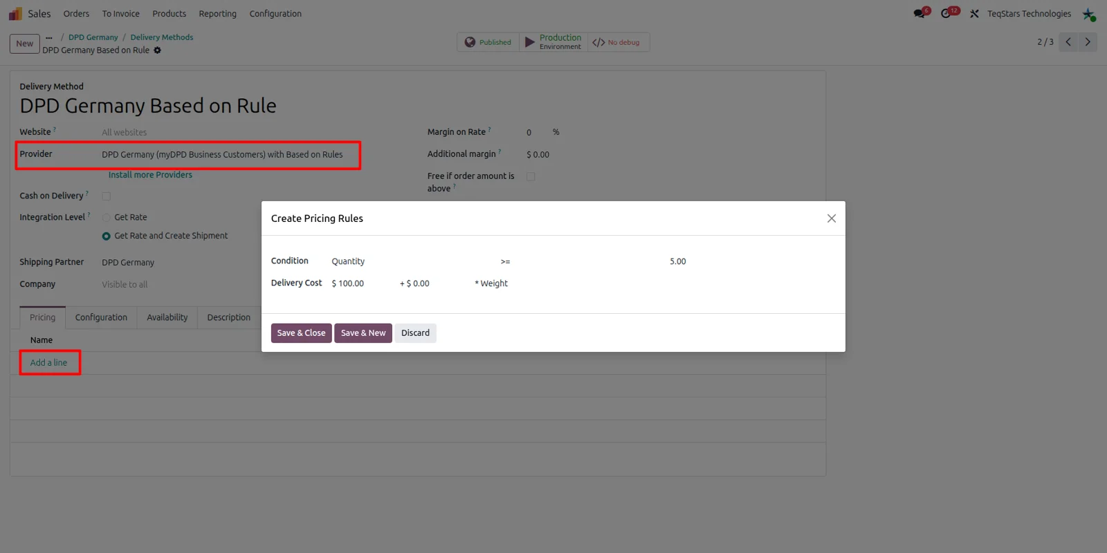 Pricing rule lines on a rule-based DPD Germany delivery method in Odoo