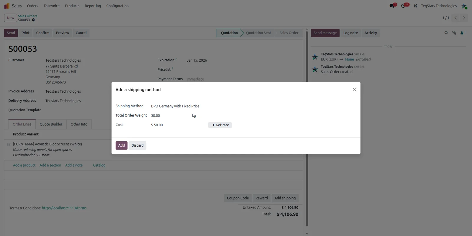 Sales order in Odoo showing the shipping amount after the DPD fixed price method is selected