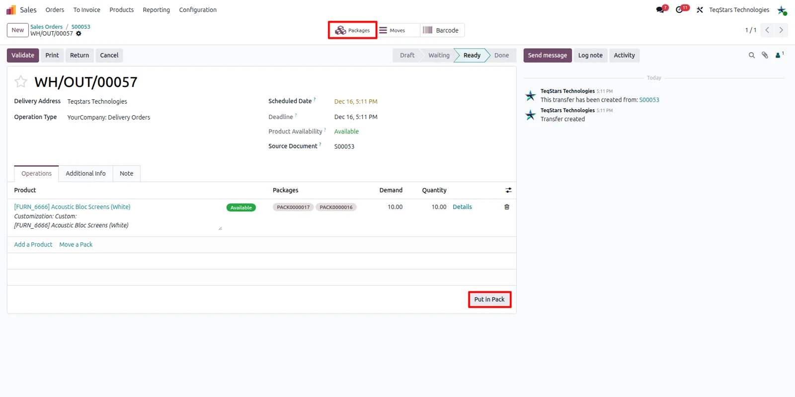 Odoo delivery order with multiple packages created by Put in Pack for a DPD Germany shipment