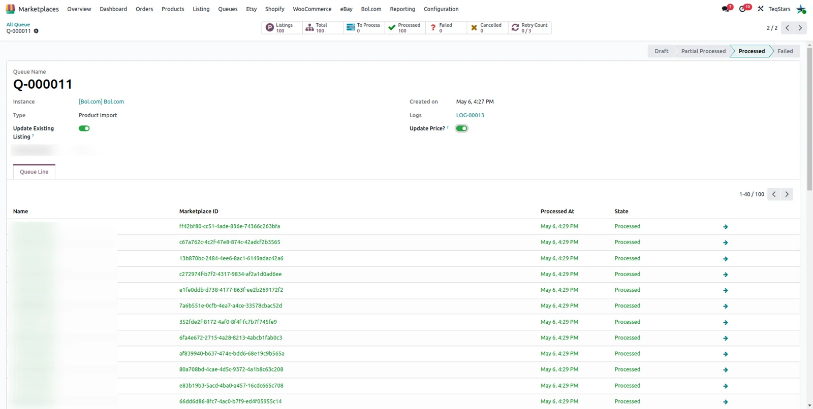 The Bol.com offer import list in Odoo, showing queued offers being turned into listings.