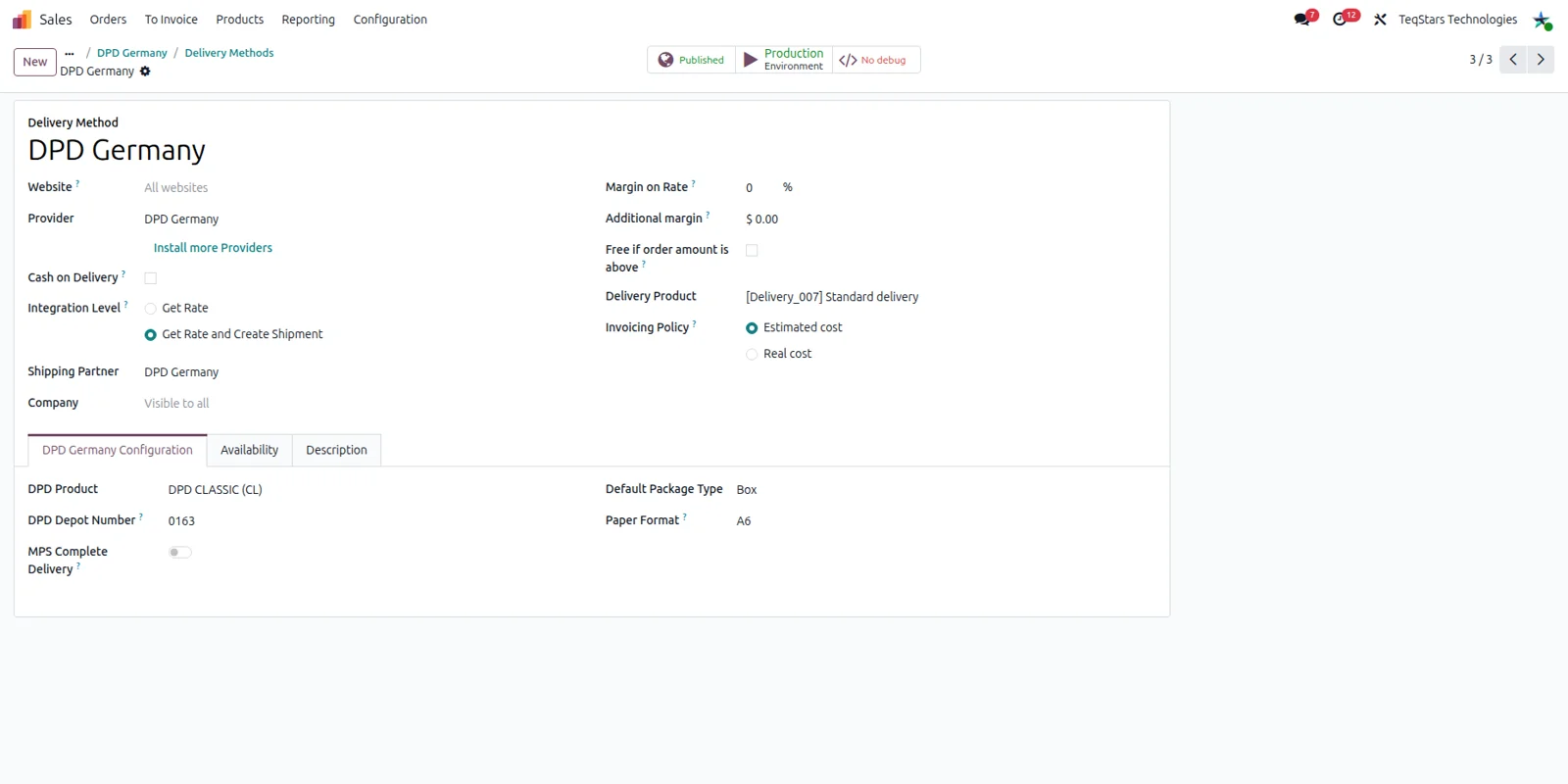 Odoo delivery method form set up for DPD Germany with the carrier account fields filled in