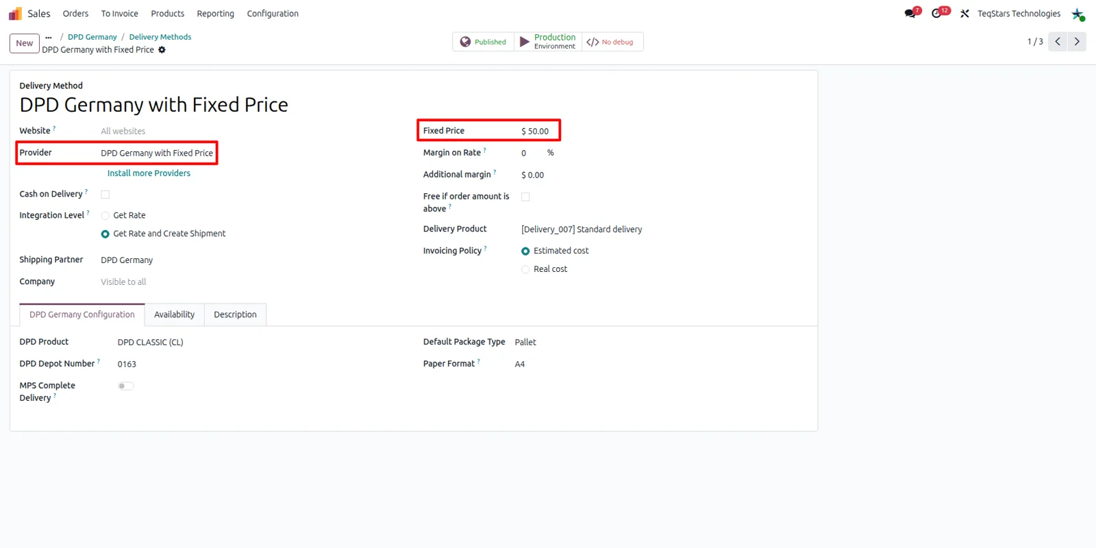 Fixed price shipping cost configured on the DPD Germany delivery method in Odoo