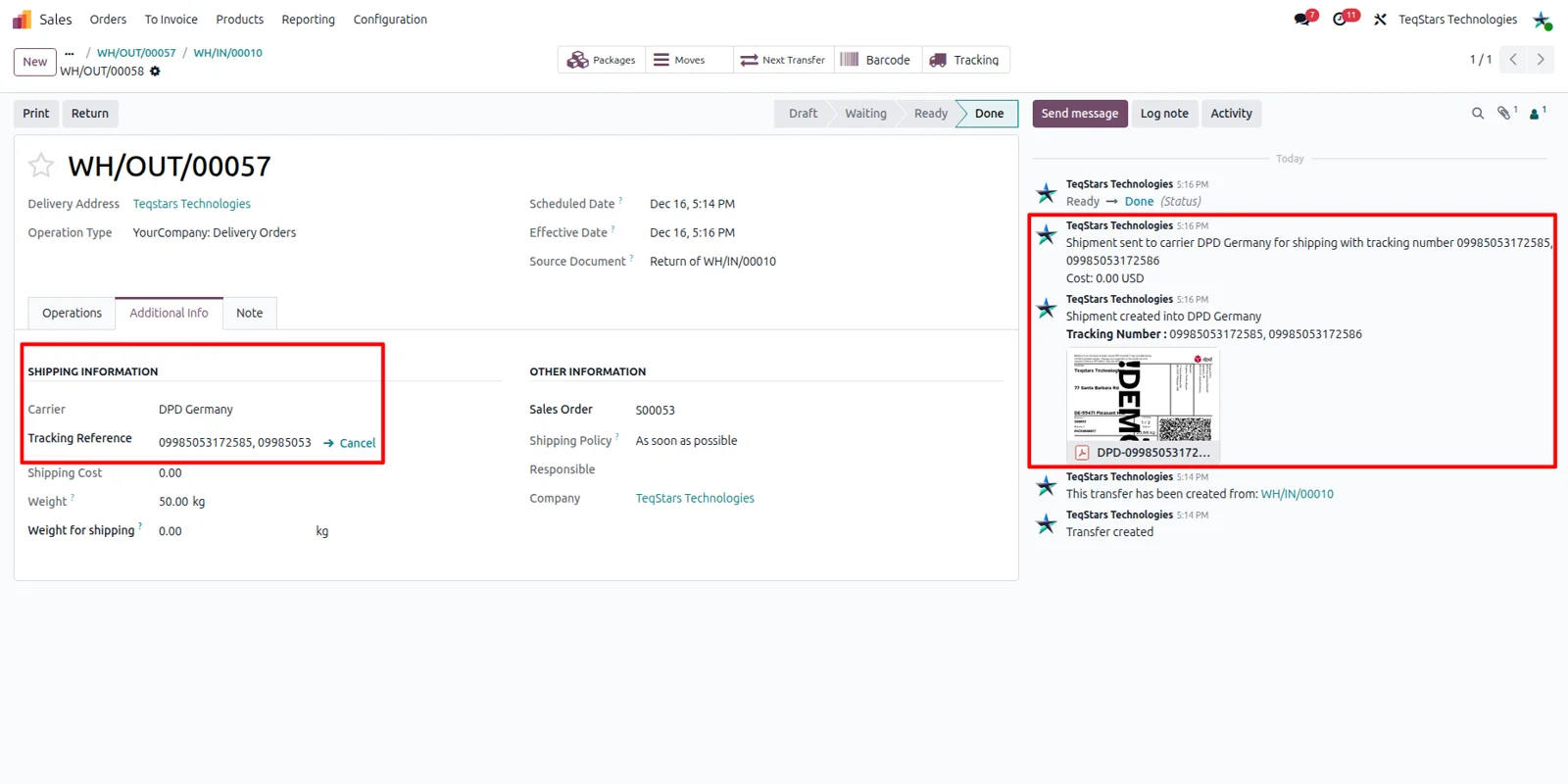 Validated Odoo delivery order showing the DPD Germany tracking number and attached shipping label