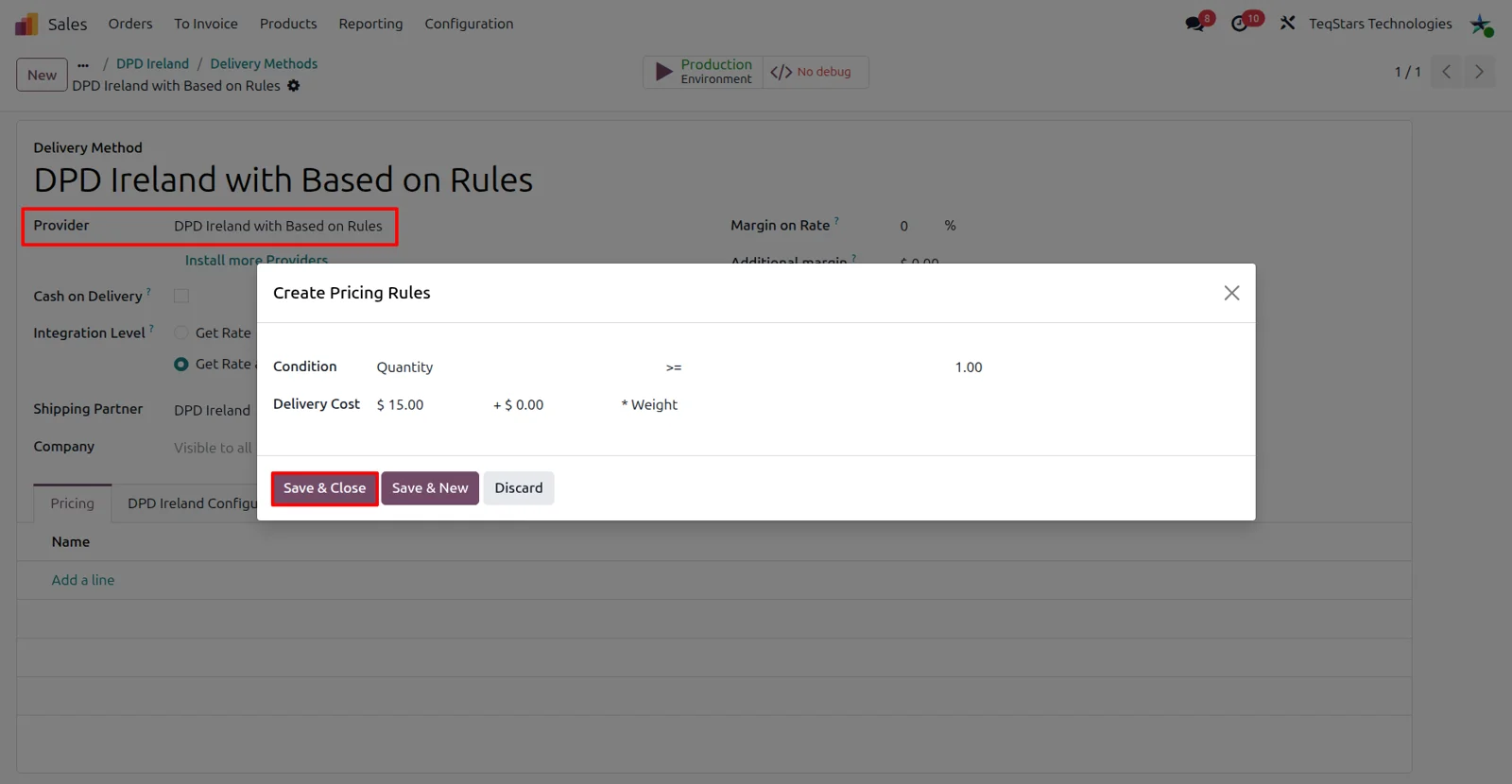 Odoo delivery method using DPD Ireland based-on-rules pricing, with a shipping rule line being edited