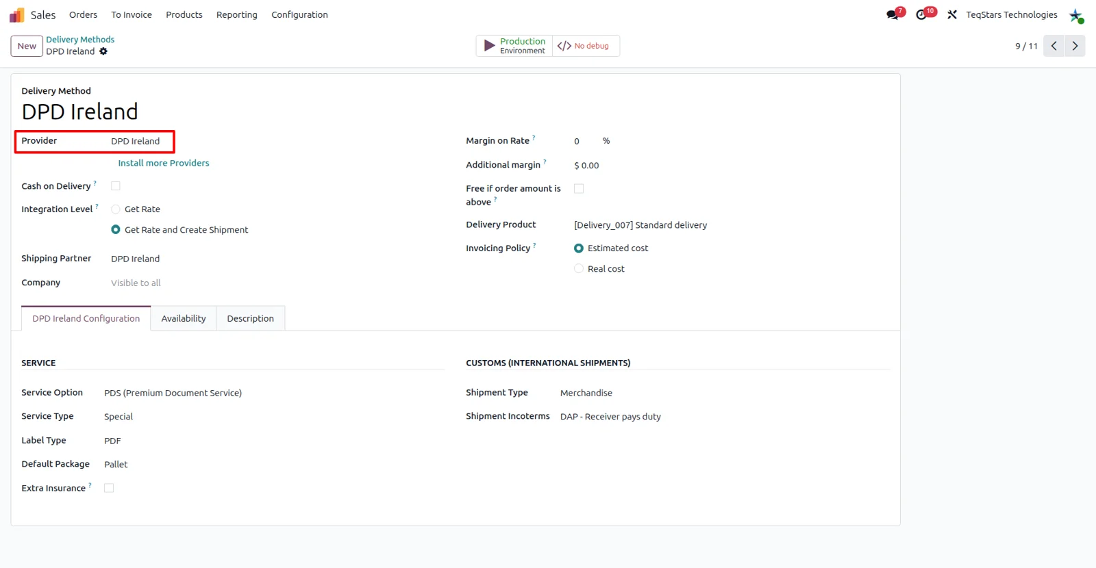 DPD Ireland Configuration tab on an Odoo delivery method showing service type and service option fields