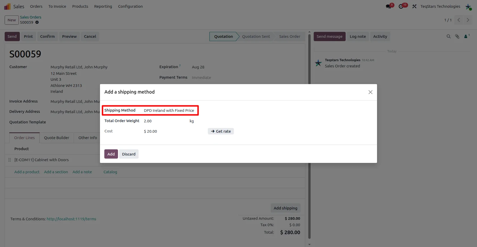 Odoo sales order shipping dialog with a DPD Ireland fixed price method and the Get Rate button