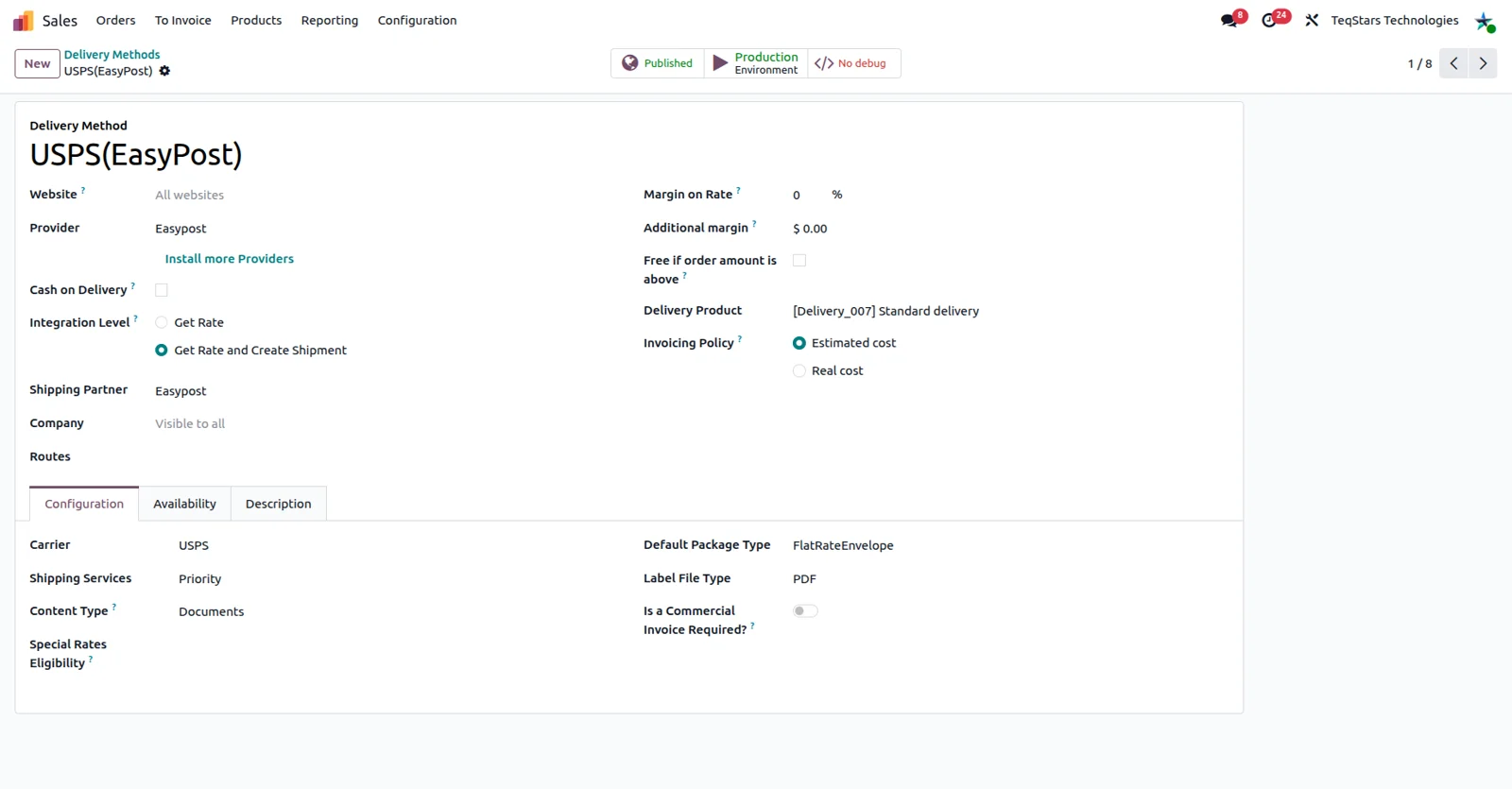 EasyPost delivery method configuration in Odoo, set up for domestic and international shipping options
