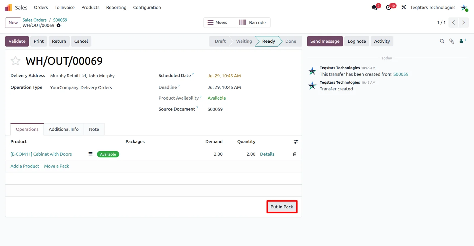 Put in Pack on an Odoo delivery order splitting goods into several DPD Ireland parcels