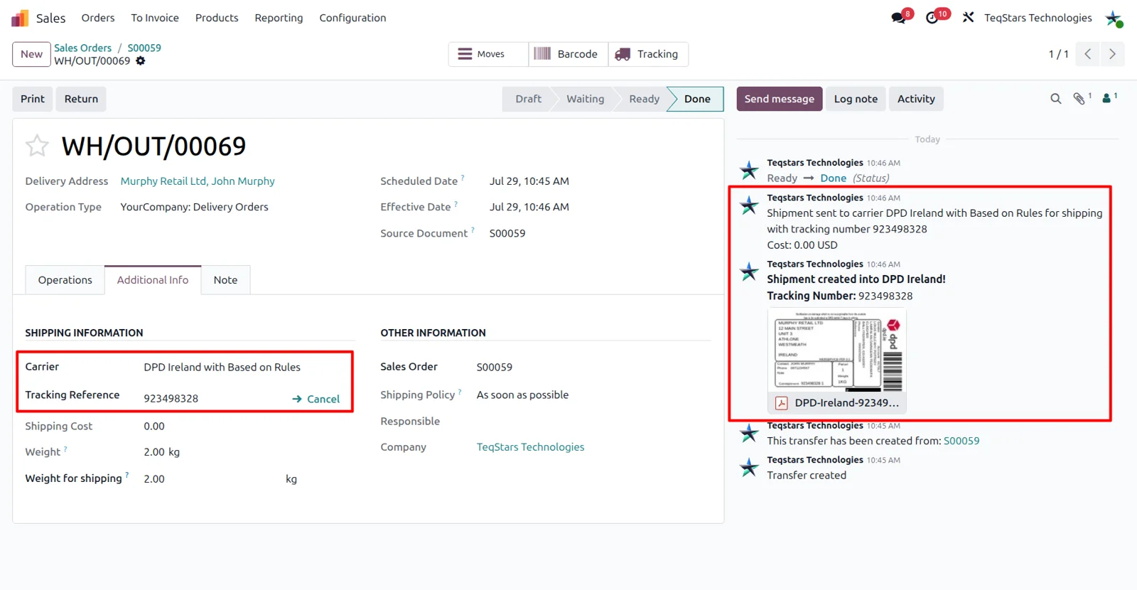 Odoo delivery order showing the DPD Ireland tracking reference and the attached shipping label