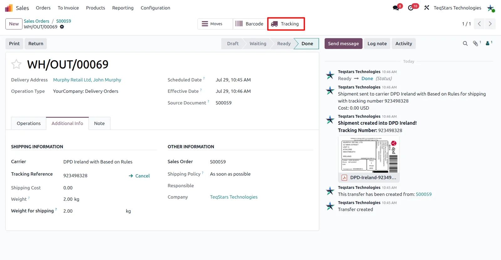 Tracking button on an Odoo delivery order opening DPD Ireland's tracking page for the consignment