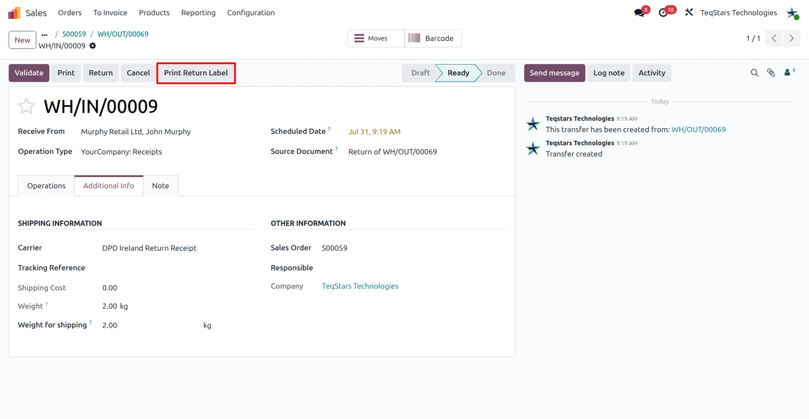 Print Return Label button on an Odoo delivery order creating a DPD Ireland return shipment