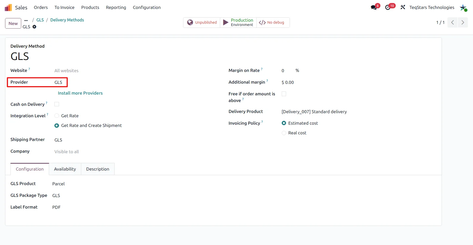 Odoo delivery method form for GLS showing the GLS product, label format and package type fields