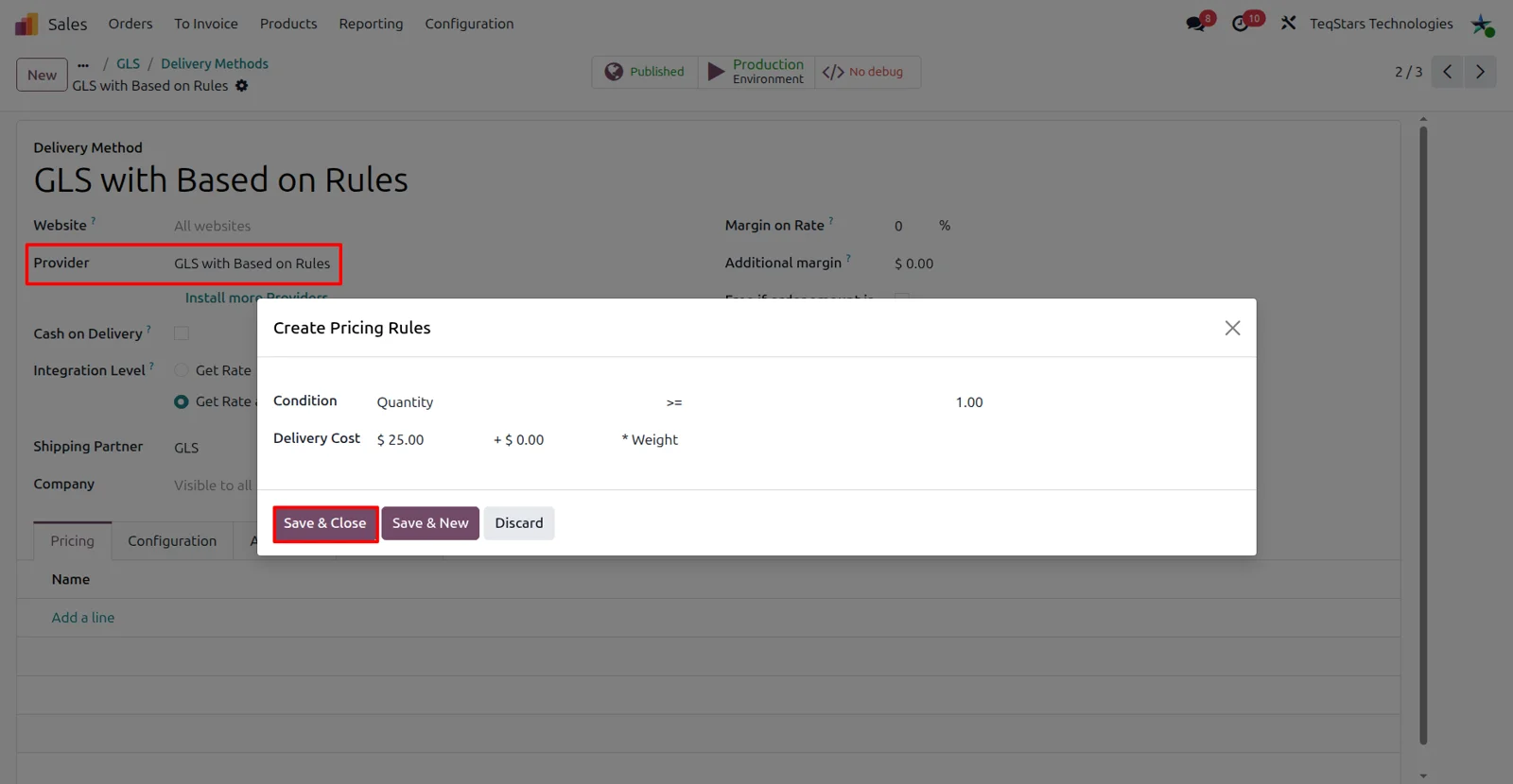 Pricing rules on a GLS based-on-rules delivery method in Odoo, with conditions and charges