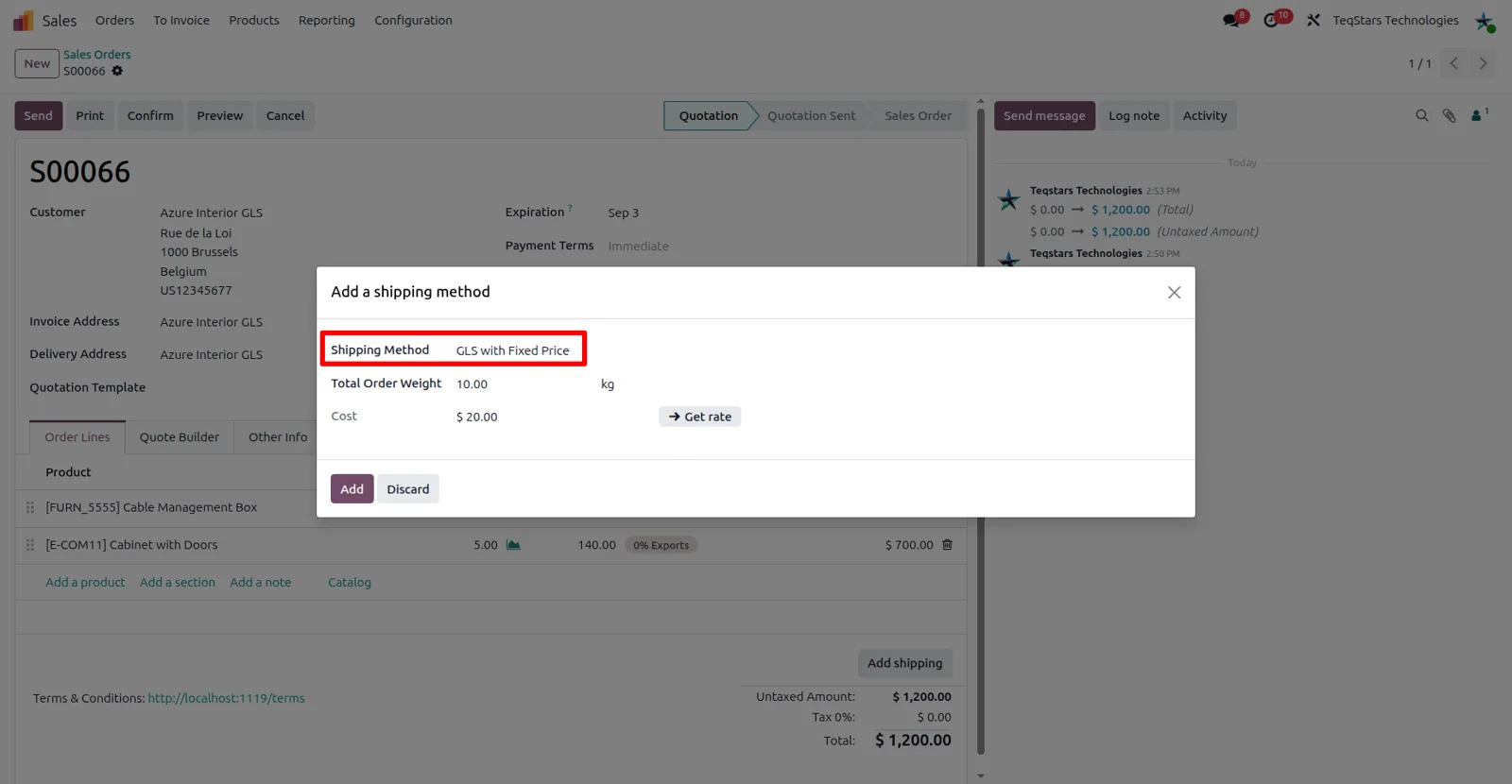 Odoo quotation with a GLS fixed price delivery method selected and the shipping rate added