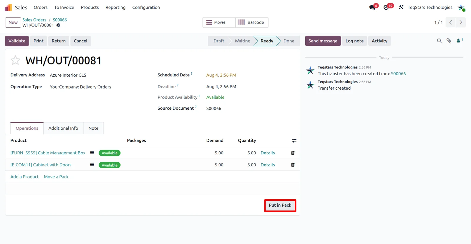 Odoo delivery order after Put in Pack, with goods split into several packages for GLS