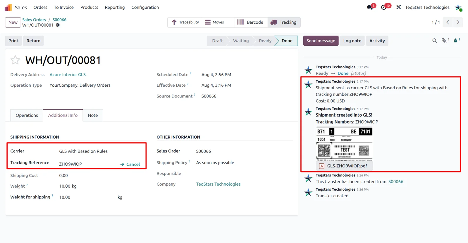 Odoo delivery order showing GLS tracking numbers in the chatter and the attached shipping label