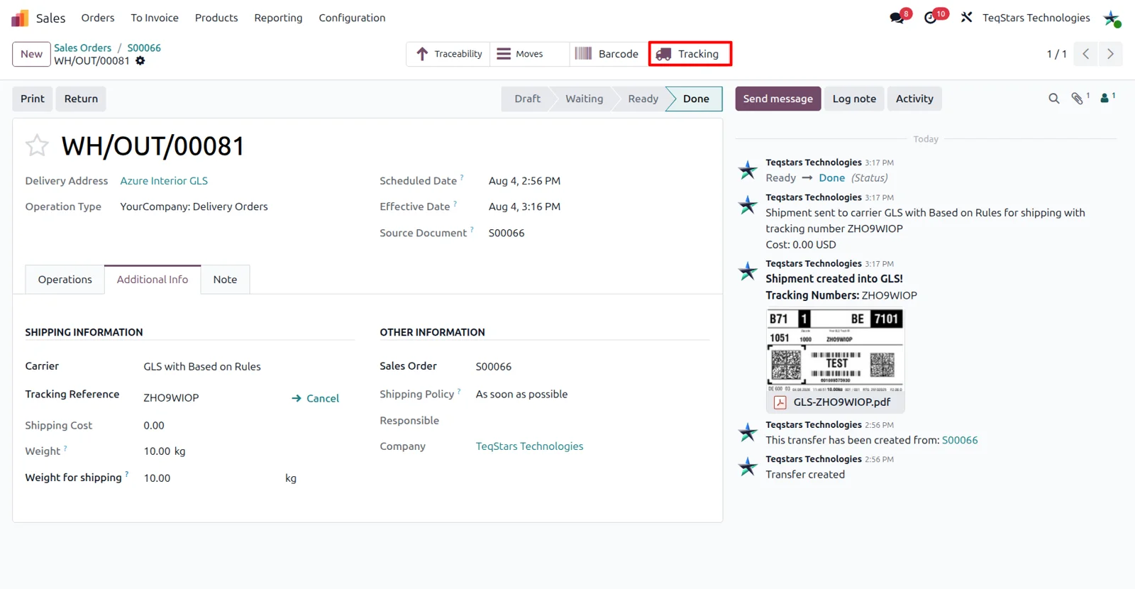 GLS parcel tracking page opened from the Tracking button on an Odoo delivery order